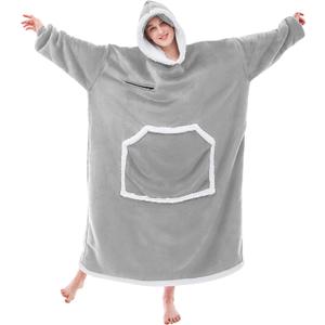 IFNOW Wearable Blanket Hoodie,Oversized Sherpa Hooded Blanket Sweatshirt with Eye Mask and Pocket,Cozy Flannel Blanket with Sleeves for Adult,Birthday Christmas Gifts for Women Mom Girlfriend,Grey