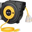 DEWENWILS Retractable Extension Cord Reel, 50FT Power Cord Reel with 14AWG/3C SJTOW, 13A Circuit Breaker, Wall/Ceiling Mounted, 3-Lighted Triple Outlets for Garage, Workshop, UL Listed, Yellow