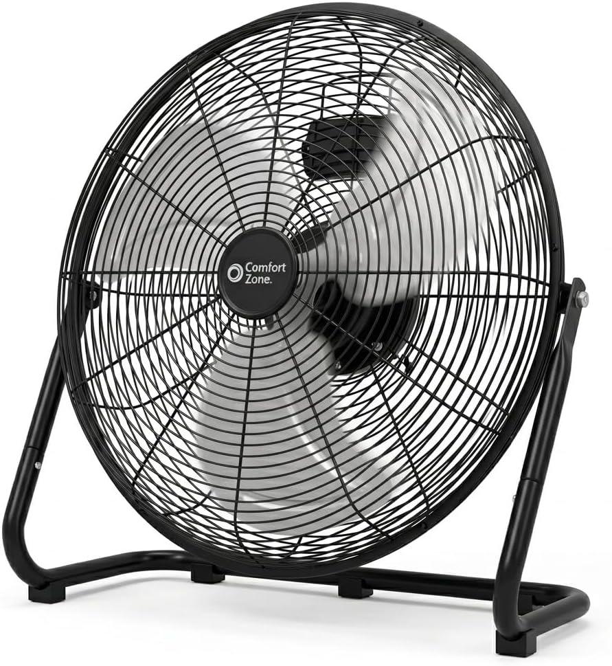 Comfort Zone 20-Inch High-Velocity Industrial Floor Fan, Heavy-Duty 3-Speed Metal Shop Fan with 180° Adjustable Tilt & Carry Handle, Quiet Vibration-Free Cooling for Garage, Workshop, & Home