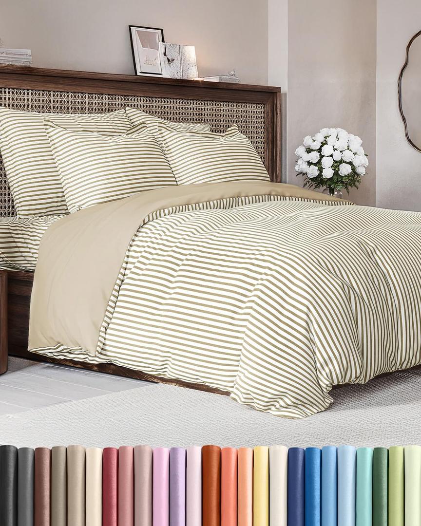 Duvet Cover King Size - Extra Soft King Size Duvet Cover - Lightweight, Breathable, Easy Care & Fade Free w/ Zipper Closures & Ties - 104" x 90" Inches - (Beige Stripes 2) Comforter Not Included
