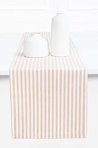 PurpleEssences Striped Table Runner 90 inches Long Stripe Runner 14 x 90 Inch 100% Cotton - Durable Washable Fabric for Spring Summer Easter - Beige and White