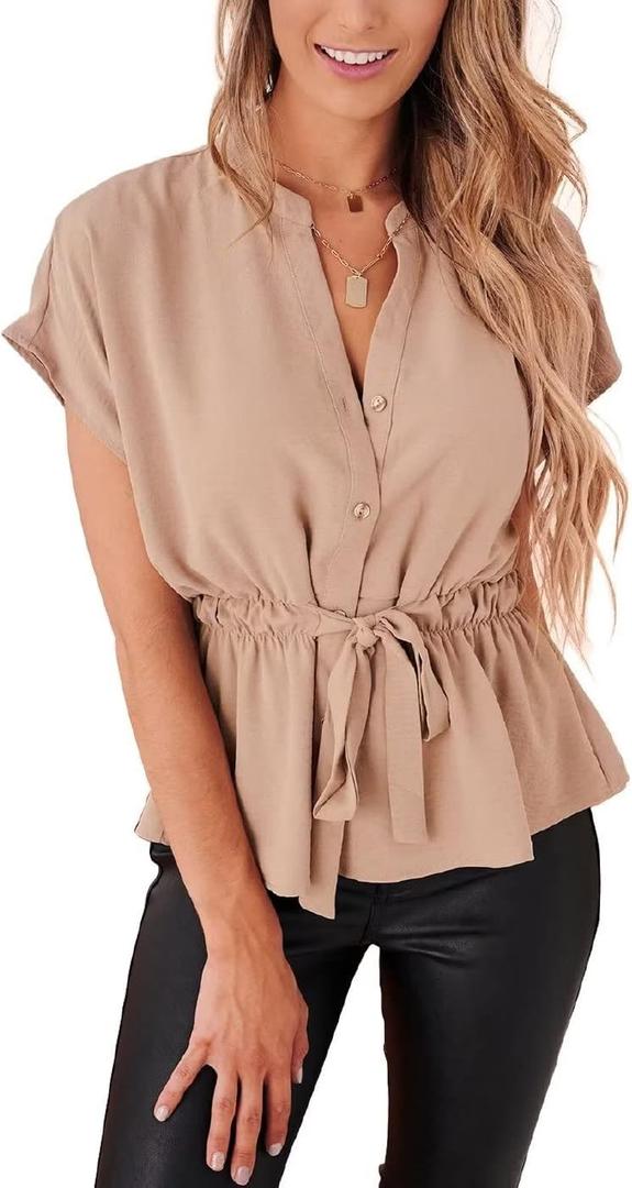 Womens Button Down Blouses Casual Peplum Summer Tops Dressy Chiffon Work Blouse (Beige, L)