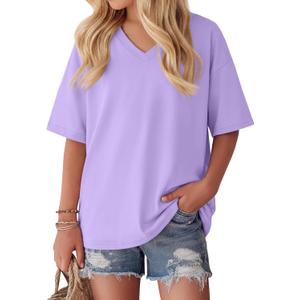 Oakgarden Girls' Shirts 5-14 Years Oversized Short Sleeve Summer T-Shirts V Neck Drop Shoulder Top Kids Casual Basic Cute Tee (Purple)