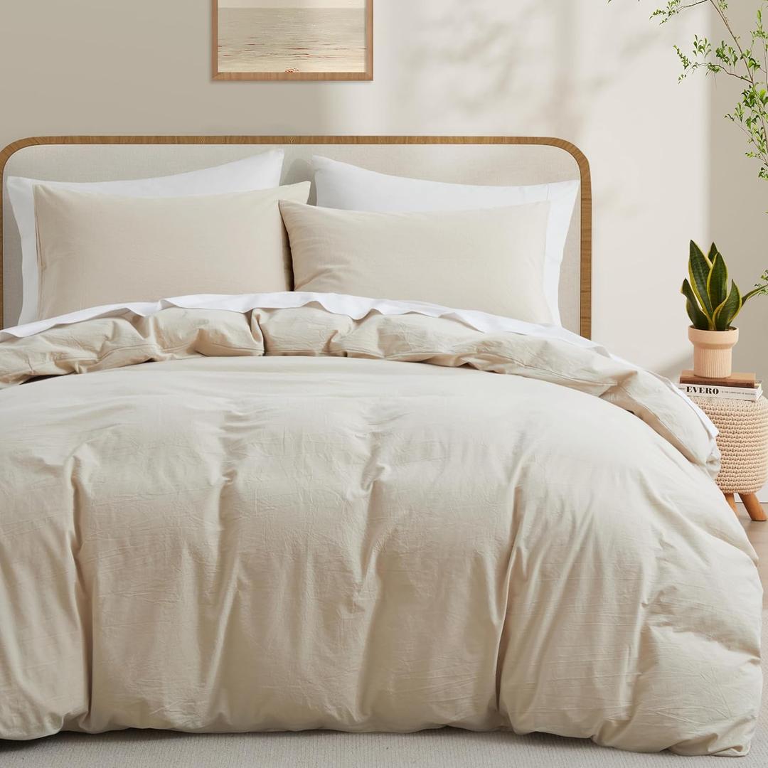 LOVQUE Bedding Duvet Cover Full Size, 100% Washed Cotton Linen Like Bedding Set with Zipper Closure (No Comforter), 80x90 Inches, Cream White