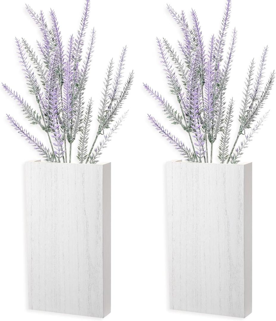 Vesici 2 Pack Wood Wall Planter Vase With Artificial Plants - Indoor Holder Pocket, Farmhouse Wooden Flower Vase, Hanging Decor for Bedroom Kitchen Office Home (White, Lavender)