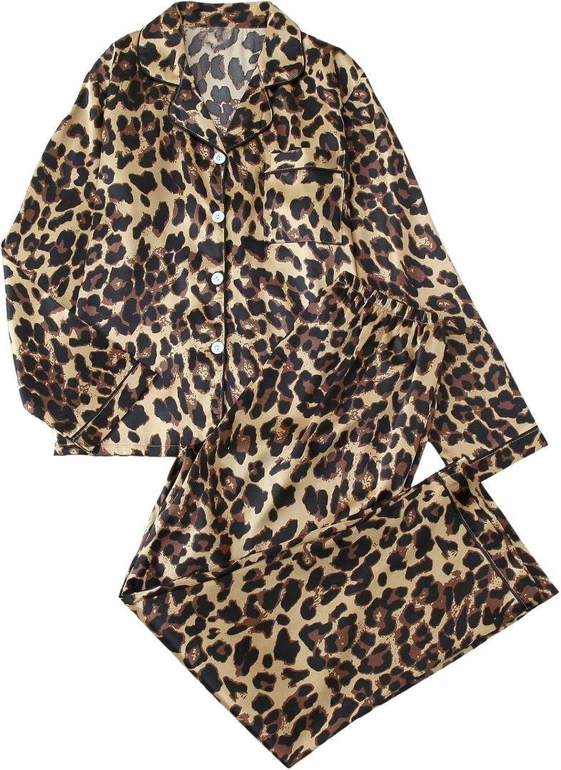 BEAUDRM Women's 2 Piece Leopard Print Satin Pajama Set Cheetah Button Down Long Sleeve Top and Pants Sleepwear (S)