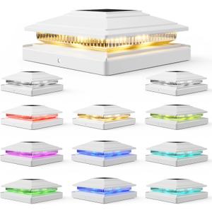 12Pack Solar Post Cap Lights - 8 RGB Color Changing Modes & Multicolor Flow, IP65 Waterproof - for 4x4/6x6 Wood & 4x4/55 Vinyl Fence Posts - Outdoor Deck, Patio, Garden Lights (White)