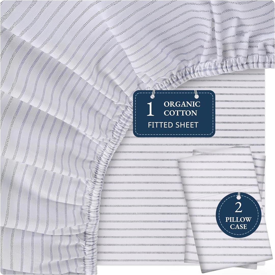LANE LINEN 100% Organic Cotton Twin Fitted Sheet, 2-Piece Set (1 Fitted Sheet, 1 Pillowcase), Percale Weave, Soft, Breathable, Fits Mattress Upto 15' Deep - Blue Ticking Stripe (No Flat Sheet)