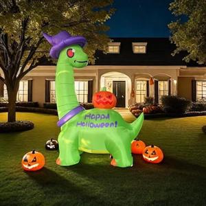 14ft Tall Halloween Inflatable Dinosaur for Outdoor Decoration, Halloween Inflatable Dinosaur Carrying Halloween Pumpkin, Built-in LED Lights, Suitable for Halloween Decoration
