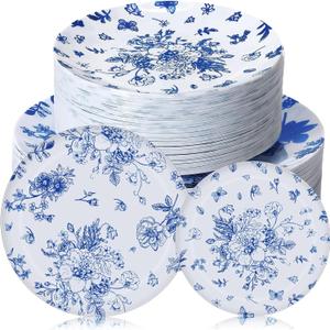 Mifoci 100 Pcs Blue and White Floral Plastic Plates Set for 50 Guests, 50 Pcs 10.25 in Dinner Plates and 50 Pcs 7.5 in Dessert Disposable for Wedding Bridal Baby Shower Tea Party