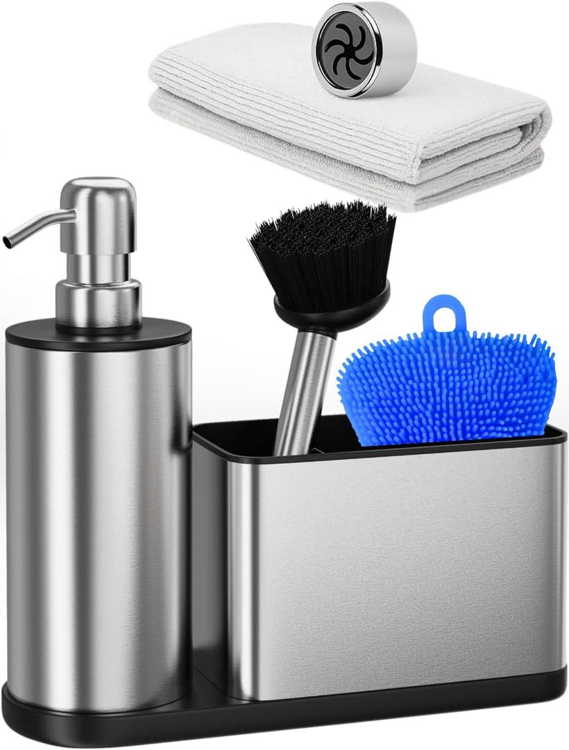 NEKEET All-in-One Kitchen Soap Dispenser Set with Sponge Holder  Stainless Steel Dish Soap Dispenser for Kitchen Sink Organizer with Silicone Sponge, Brush, Towel & Adhesive Hook