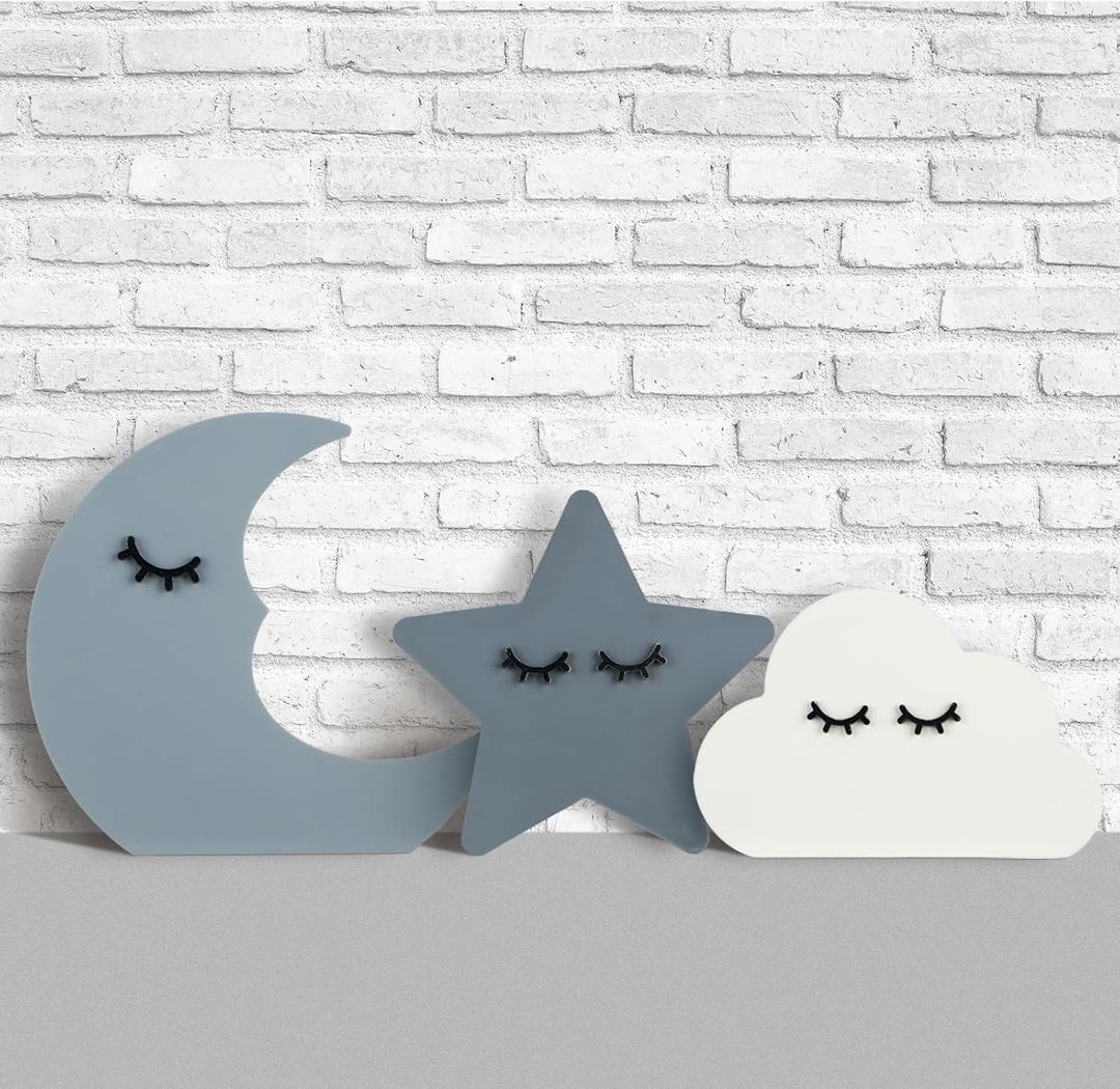 Briwooody 3 Pcs Moon Stars and Cloud Celestial Nursery Decor Bohemian Wood Nursery Shelves Decoration Wooden Nordic Boho Baby Wall Adornment for Bedroom Wedding Baby Shower Boys Girls Kids