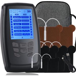 TENS Unit Muscle Stimulator Machine, Dual Channel High Power TENS EMS Machine Device for Neck, PMS, Back and Muscle Pain Relief, Electronic Pulse Massager with 8 Electrode Pads and Travel Case