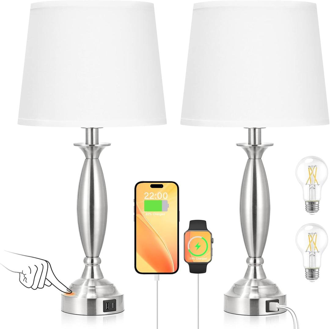 White Lamps for Bedrooms Set of 2 - Touch Control Bedside Lamp with USB C+A, 3 Way Dimmable Nightstand Lamps with USB Port, Table Lamp for Living Room(White Shade and Nickel Base)