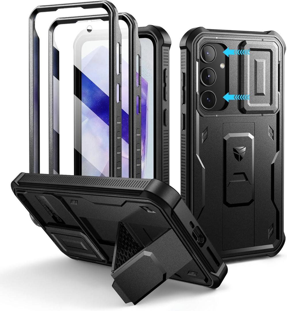 Dexnor for Samsung Galaxy A35-5G Case, [2 Front Frame] [Built-in Slide Camera Cover & Kickstand] Heavy Duty Military Grade Protection Shockproof Phone Case with Screen Protector, 6.6 inch Black