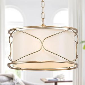 GEPOW Gold Drum Chandelier, Modern 3Light Pendant Lighting Fixture with White Fabric Shade for Dining Room, Bedroom, Living Room, Kitchen and Foyer