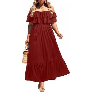 Plus Size Off The Shoulder Maxi Long Casual Layered Ruffle Beach Sundress Women Pocket 2024, Size 20W