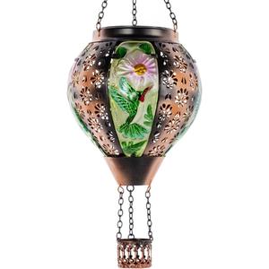 DREAMSOUL Hummingbird Hot Air Balloon Solar Lantern, Metal & Glass Flickering Flame Light Solar Lantern, Hanging Waterproof Solar Lanterns Outdoor for Garden Patio Tree Decoration