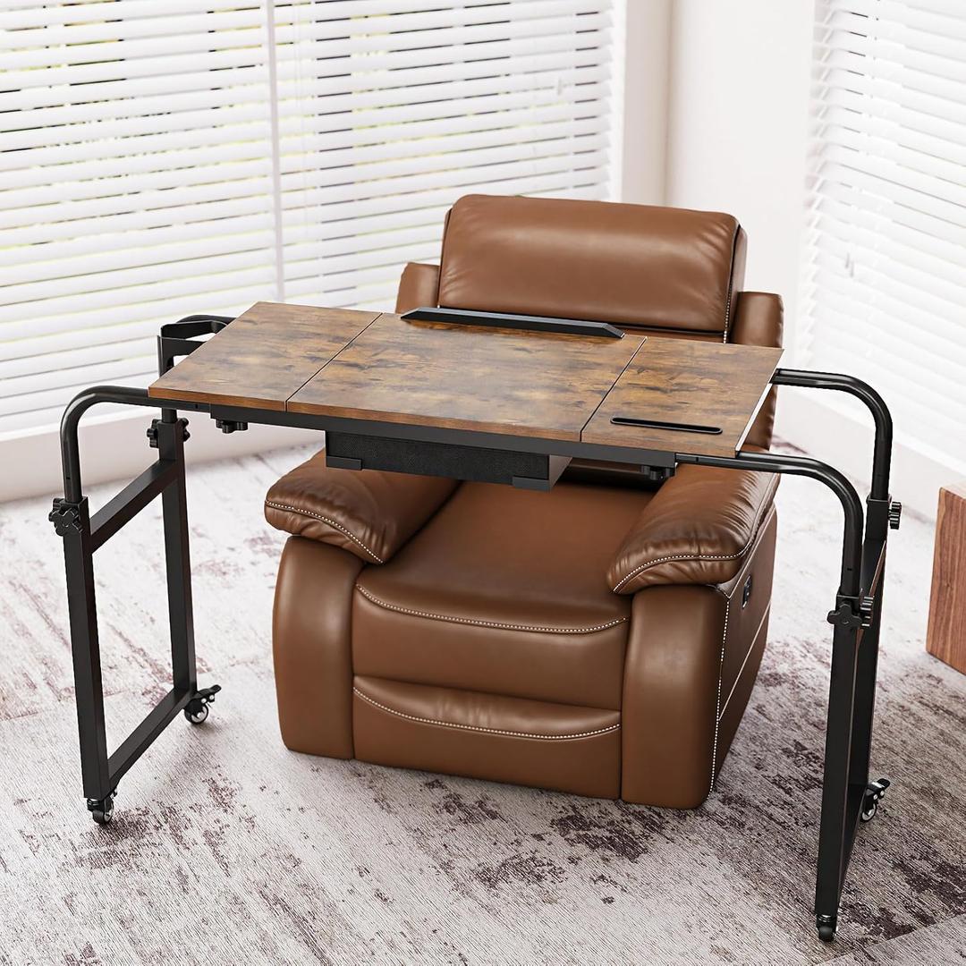 GiftGo Overbed Table with Wheels Rolling Laptop Desk Cart Table Height and Length Adjustable for Hospital and Home Use Over The Bed Table with Storage Drawer and Cup Holder (Rustic Brown, 31.5 to 47)