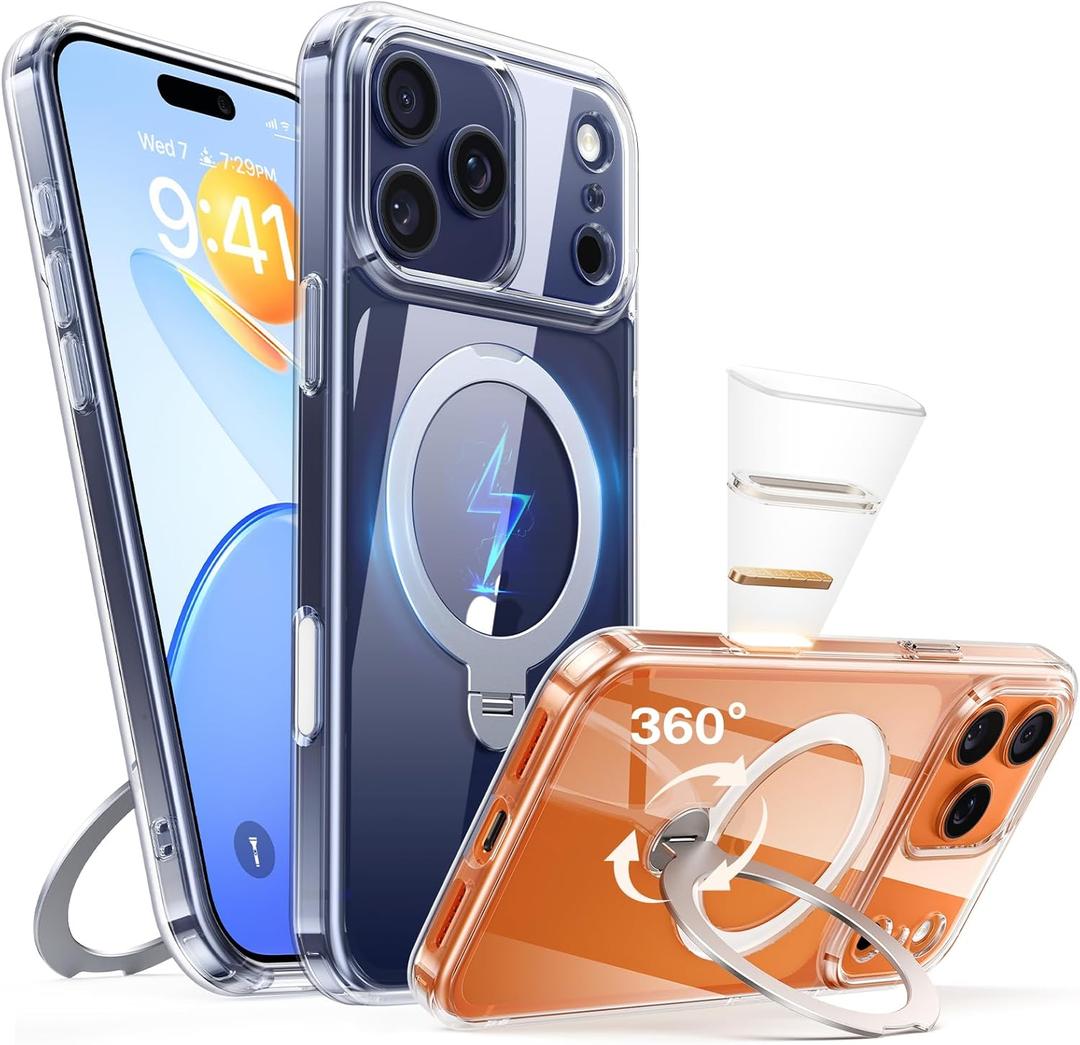 Peerock for iPhone 17 Pro Case: with 360 Spin Magnetic Stand, Camera Control Button, Fit for MagSafe, Military Drop Protection, Protective Slim Phone Cover for 17Pro with Ring Kickstand, 6.3", Clear