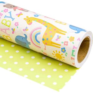 WRAPAHOLIC 30 Inch Reversible Baby Shower Wrapping Paper - 30 Inch x 33 Feet - Animals & New Baby Design for Neutral Baby Shower, Boys Girls Kids Birthday