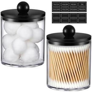 2 Pack Acrylic Qtip Holder Dispenser for Cotton Swabs, Balls, Pads, Floss - Plastic Canister Apothecary Jar Set, Bathroom Essentials Accessories Decor Vanity Makeup Storage Organizer - Clear & Black
