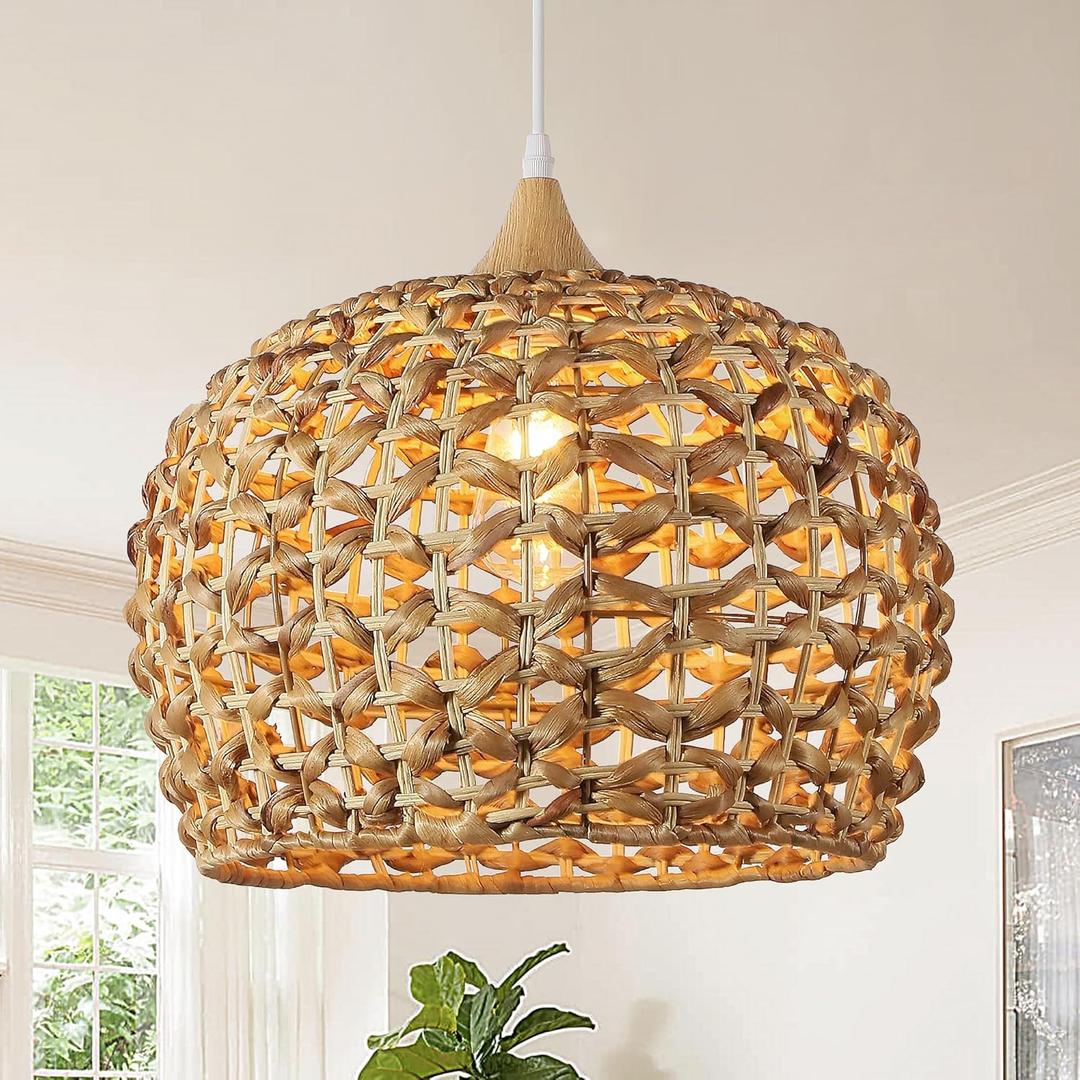 Boho Pendant Lights, 15.7" 1-Light Rattan Chandelier Hand-Woven Wicker Pendant Light with Water Hyacinth Shade, Coastal Dome Hanging Light for Dining Room Kitchen Island