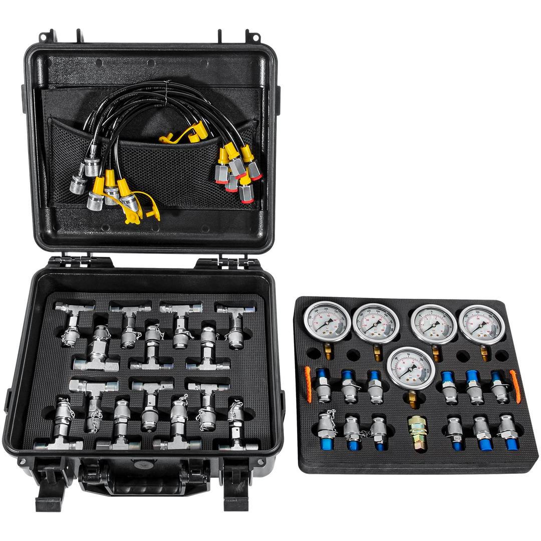Hydraulic Pressure Test Kit with 5 Gauges 13 Test Couplings 14 Tee Connectors 5 Test Hoses for Excavator Construction Machinery 10/100/250/400/600bar 150/1500/4000/6000/9000PSI