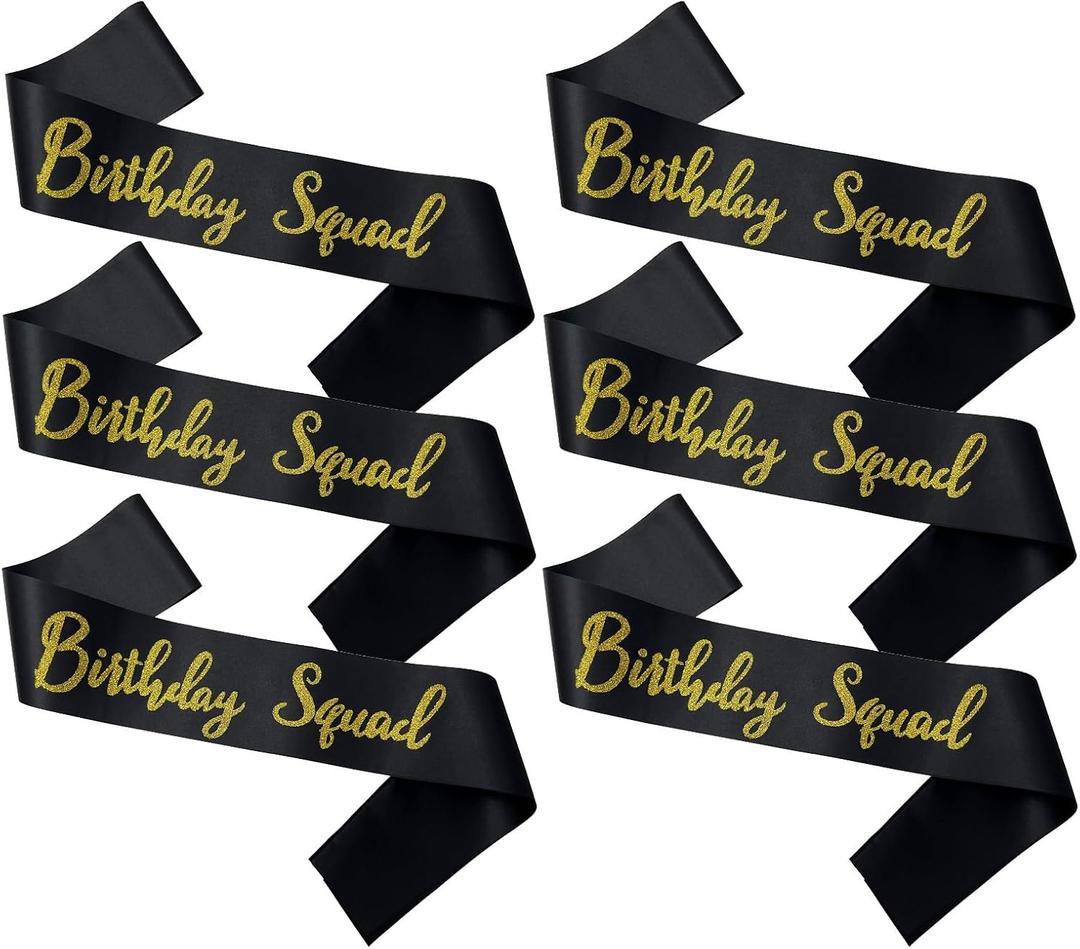 Birthday Squad Sash, 6 Pieces Black with Gold Glitter Letter Birthday Gift Sashes Set for Women Funny Party Favors Decorations for 16th 18th 21st 25th 30th 40th 50th or Other Bday