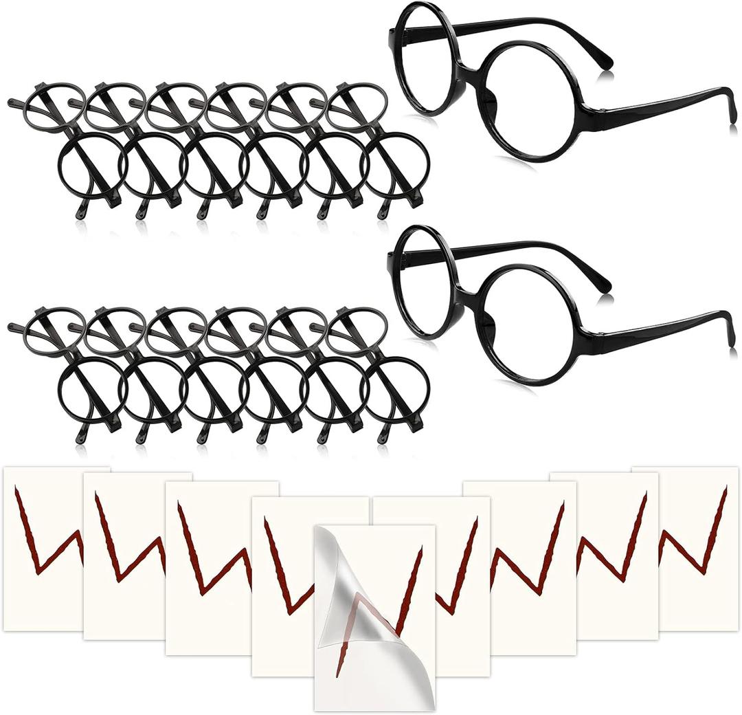Wizard Glasses with Round Frame No Lenses Lightning Bolt Tattoos for Kids Adults Halloween Party Accessory Wizard Glasses with Round Frame No Lenses Lightning Bolt Tattoos for Kids Adults Halloween Party Accessory