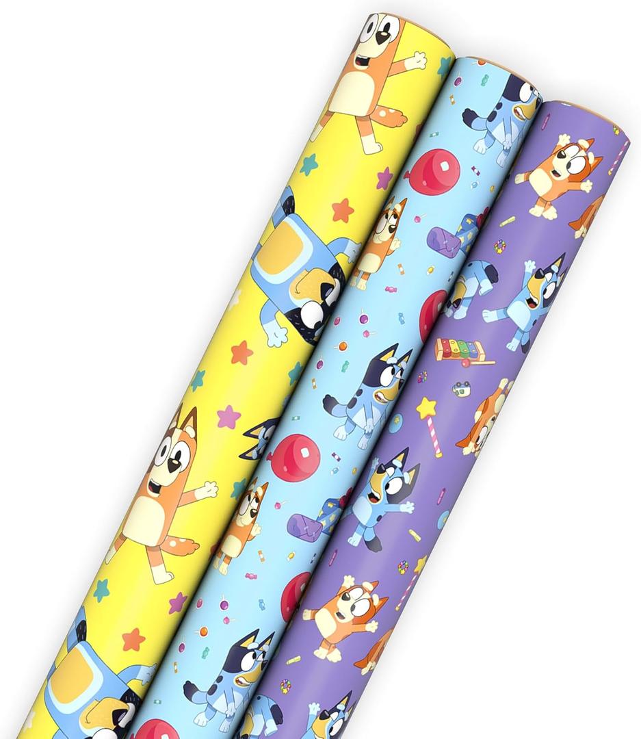 Hallmark Bluey Wrapping Paper Rolls for Kids (3 Rolls: 60 Sq. Ft. Total) Purple, Blue and Yellow Gift Wrap for Birthdays, Christmas, Valentine's Day