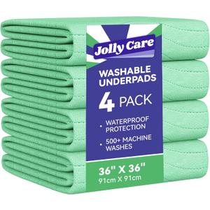 Washable Underpads Waterproof, 4 Pack 36" x36'' Heavy Absorbency Incontinence Bed Pads, Bed Wetting Pads for Adults, Elderly, Kids and Pets, Soft Reusable Changing Pads for Bed (Green)