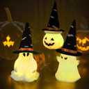 3 Pack Light Up Ghost Pumpkin Figurine Halloween Decorations, Spooky LED Lighted Ghost Statue with Witch Hats for Home Mantel Tabletop Party Holiday Decor