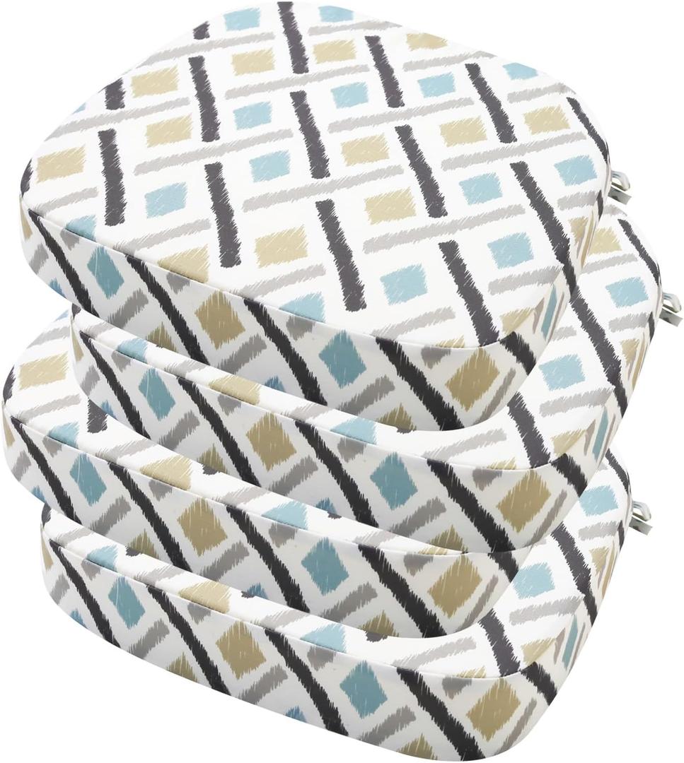 idee-home Outdoor Chair Cushions Set of 4, 19" x 19" x 3" Thick Patio Furniture Outdoor Seat Cushions Waterproof with Ties, Dining Pads (Ikat Geo)