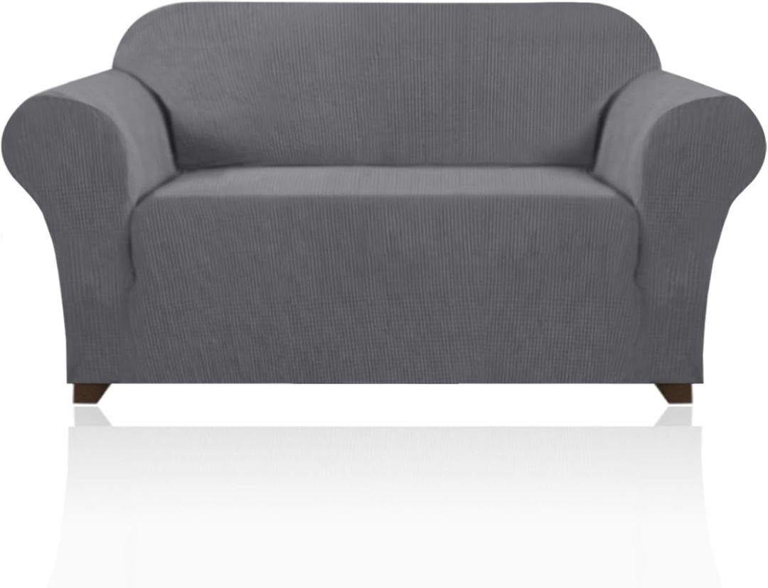 PrinceDeco Stretch Loveseat Sofa Cover Slipcover Couch Cover for 2 Cushion Sofa Washable Sofa Cover for Pets Friendly Furniture Protector Covers with Non Slip Bottom(Loveseat, Gray)