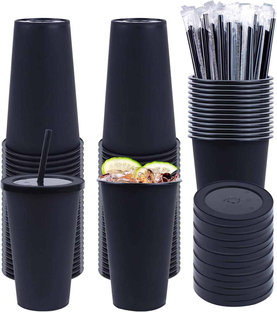 50 Pack Black Plastic Cups with Lids and Straws, 16 oz Disposable Plastic Tumblers Iced Coffee Cups Travel Mug Cup for Juices Halloween Birthday Bachelorette Party Wedding (Black, 16 oz)