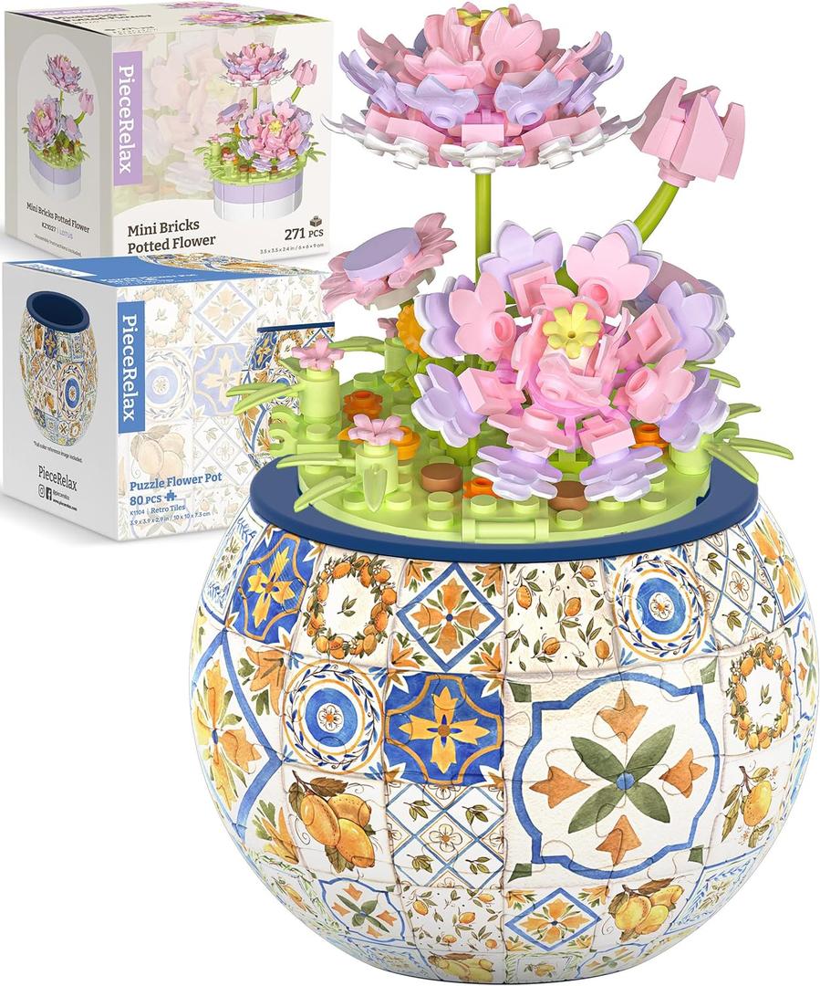 PieceRelax Puzzle Planter and Flower Decoration Building Set - Singing Birds and Flowers with Lotus (3D Puzzle Planter with Flower Building Decoration Set) [K1104+KZ1027]