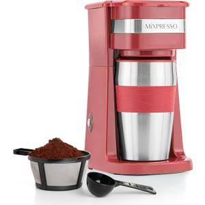 Mixpresso Red Personal Single Serve Coffee Maker with 14oz Travel Mug, Drip Small Coffee Maker with Auto Shut Off, Reusable Filter, Works with Ground Coffee Only  Not for K-Cup Pods