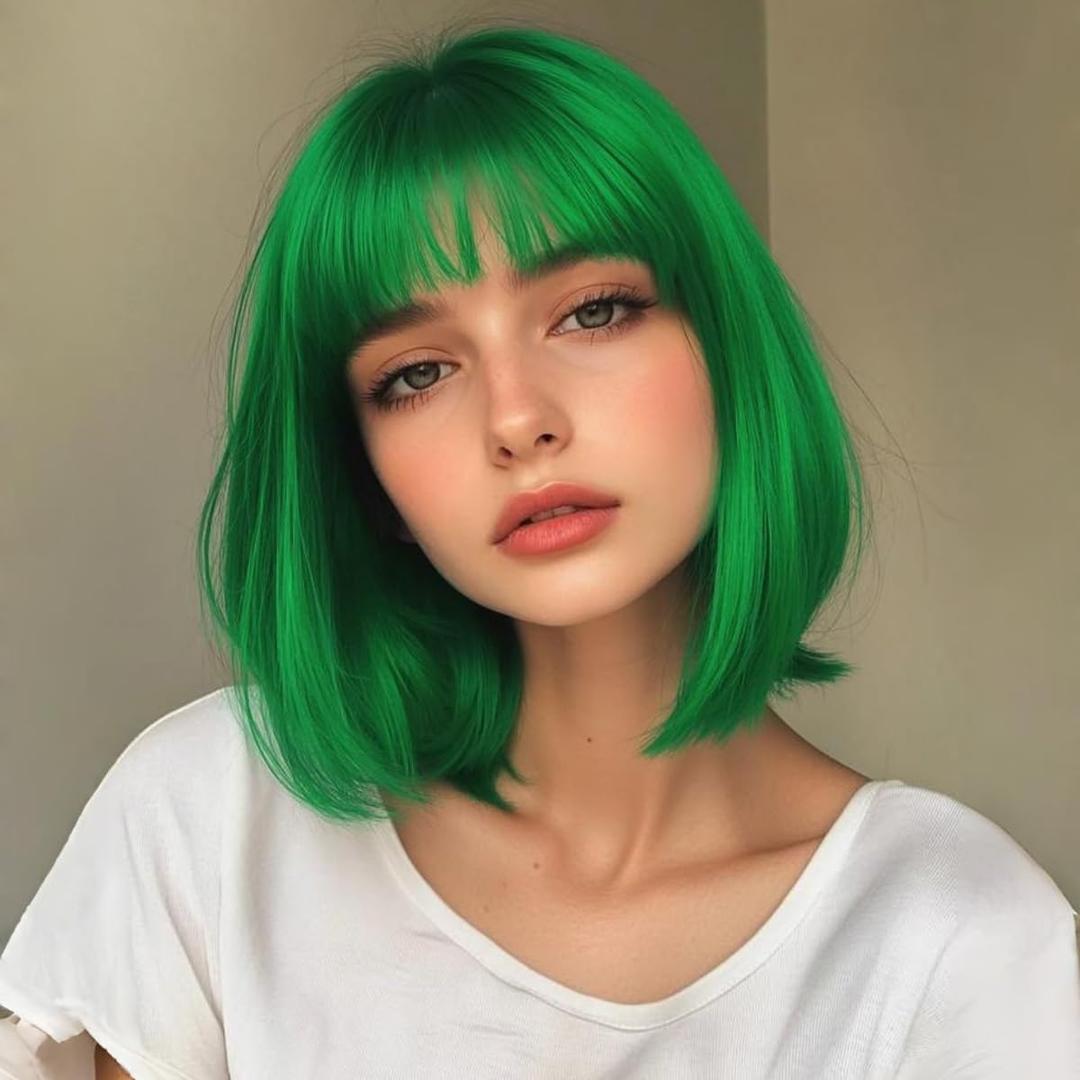 quickwig Short Bob Wig with Bangs Green Wig Colored Wigs Heat Resistant Synthetic Wig 12 Inch Party Cosplay Halloween Wigs for Women