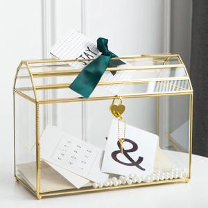 Wedding Card Box with Slot, 12.2'' Large Glass Card Boxes for Reception, Gold Cards Holder, Clear Decorative Storage Box with Lock for Baby Shower, Birthday Party, Christmas, Bridal Shower