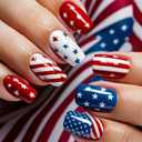 24Pcs Independence Day Press on Nails Medium Square Nails American Flag Fake Nails with Glue 4th of July Acrylic Nails White Red Blue Star Stick on Nails USA Patriotic False Nails for Women Girls