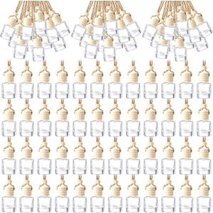 BBTO 200 Pcs Hanging Car Diffuser Bottles Bulk, Empty Clear Glass Air Freshener Bottles with Wooden Cap for Perfume Essential Oils Fragrance Aromatherapy Ornament(Cylinder)