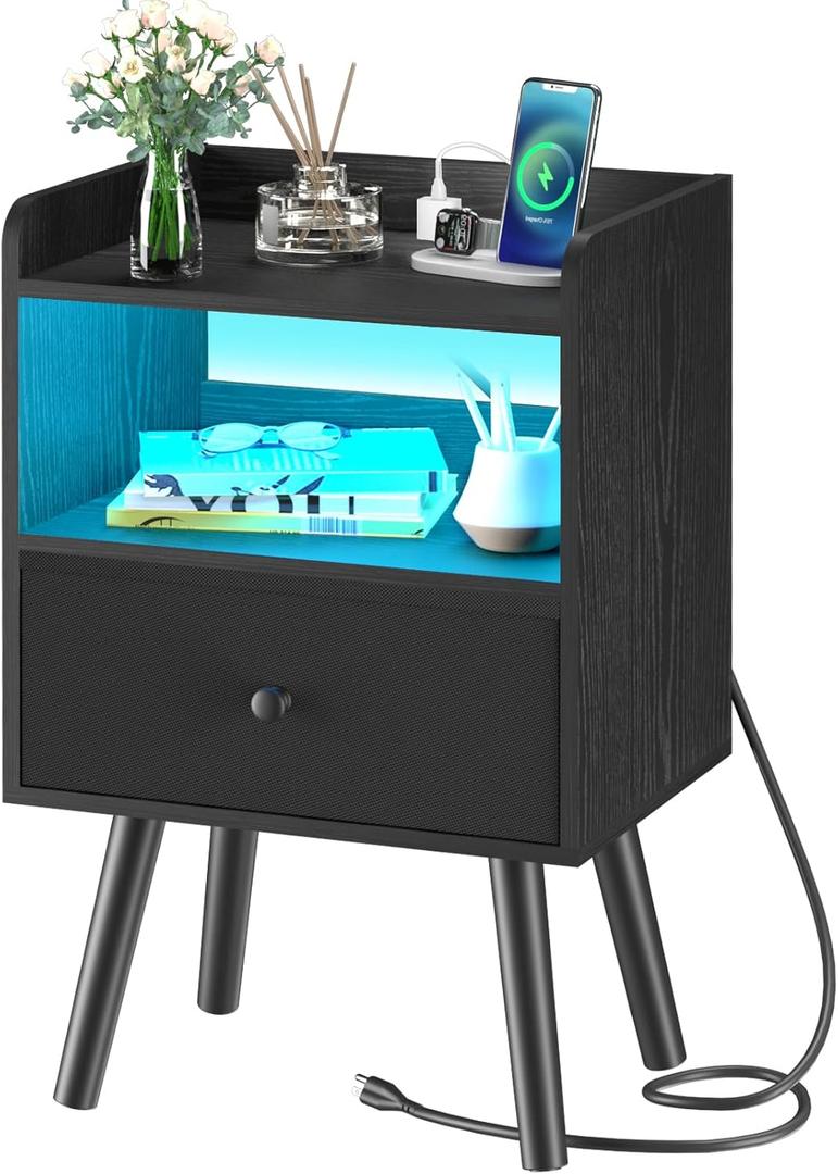 Yoobure Nightstand with Charging Station, Modern Night Stand with LED Lights, Wood Nightstands with Fabric Drawer & Storage Shelf, Night Stands Bedside Table with USB Ports for Bedroom, Office, Home