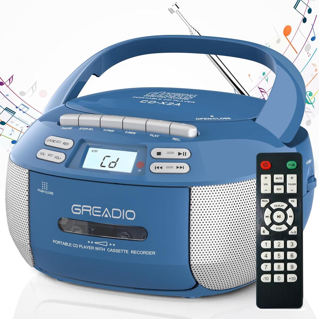 Greadio Boombox CD Player Cassette Player Combo, Boom Box Portable CD Players for Home with Bluetooth, Support AM FM Radio/Remote Control/AUX/USB/Earphone, AC/Battery Operated, LCD Display (Blue)