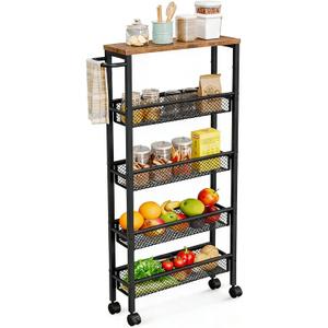 AZERPIAN Slim Rolling Cart 5 Tier Narrow Storage Cart on Wheels with MDF Board Top and Metal Handle for Small Space Kitchen Living Room Home Office Pantry Bathroom Laundry (16.38 x 5.12 x 39.17 inch)