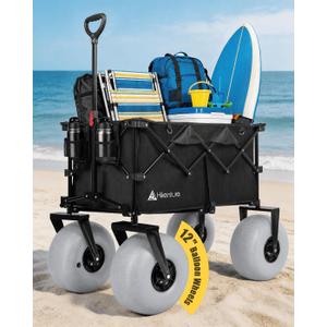 Hikenture Beach Wagon with 12" Balloon Wheels, Upgraded PU Tires Beach Cart | 500lbs Heavy Duty Collapsible wagon for Sand; Large Capacity Foldable Utility Wagon for Family Outings