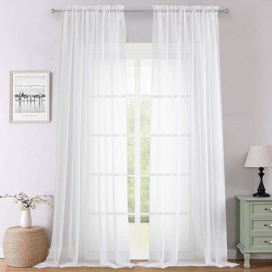 Lecloud White Sheer Curtains 120 Inches Long 2 Panels, Extra Wide Farmhouse Elegant Light Filtering Window Curtains, Solid Airy Voile Sheer Curtain for Living Room Bedroom Big Windows, 59" W x 120" L