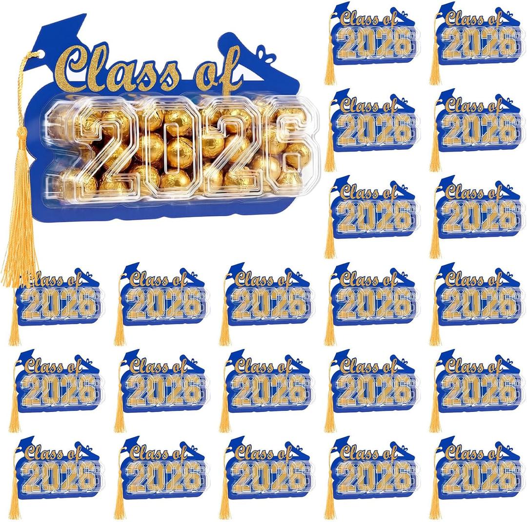 Motiskyy 30 Pack 2026 Graduation Candy Card Class of 2026 Grad Party Favor Supplies Candy Dome Greeting Card with Tassel Chocolate Holder College High School Graduate Gift Box DIY(Blue,Gold)