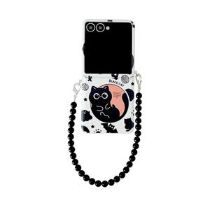 Cute Case for Samsung Galaxy Z Flip 7, Black Cat Pattern Flip 7 Phone Case, Fold Phone Cover for Women Ladies Girls (with Chain)