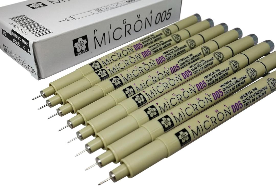 Sakura Pigma Micron Pen 005 Black ink Marker Felt Tip Pen, Archival Pigment Ink, Fine Point for Artist Drawing Pens - 8 Pen Set